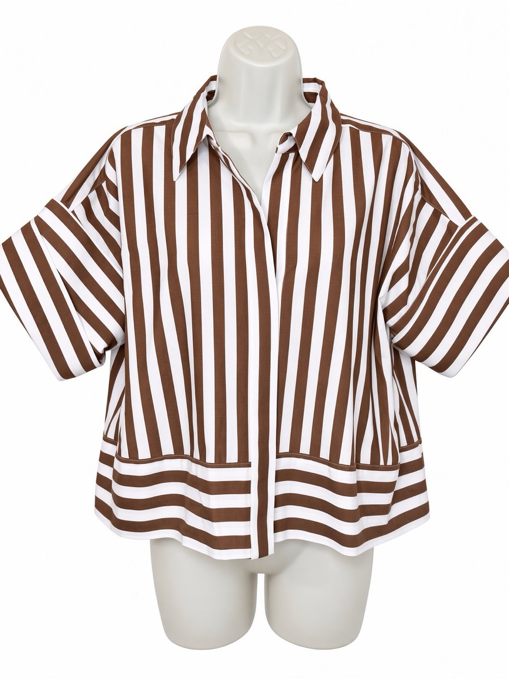 Christian Lacroix Brown White Stripe Cotton Shirt M Crop Boxy Button Up Top